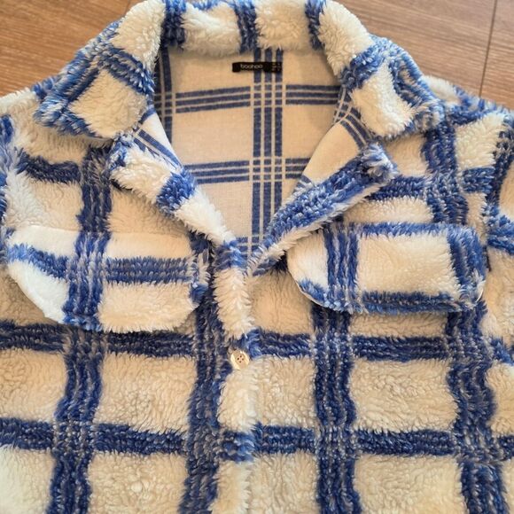 Boohoo Oversized Check Wool Look Coat Blue & White Sherpa Size 2 - Picture 7 of 8